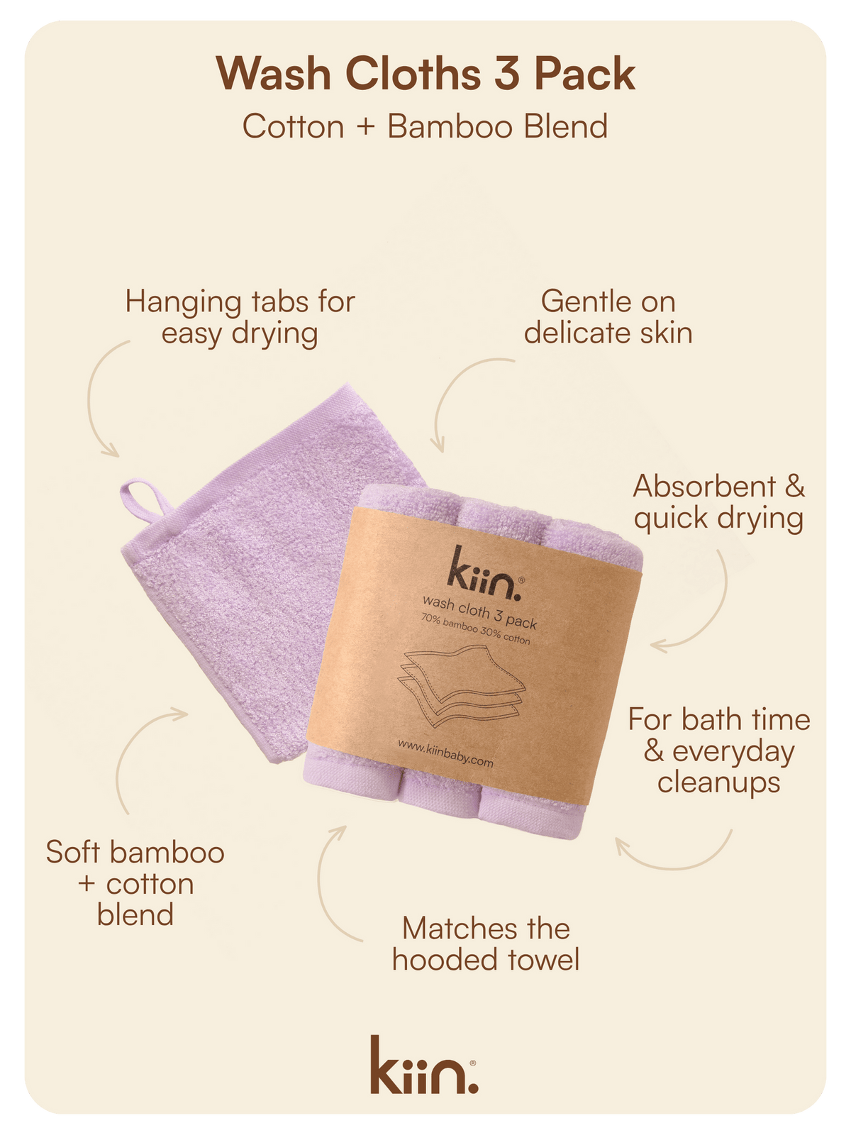 Wash Cloths 3 Pack - Lilac Towels + Wash Cloths Kiin ® 